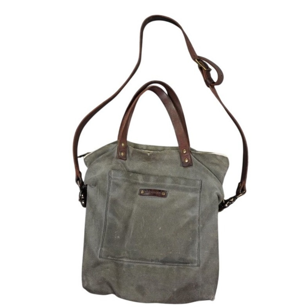 Red House Book Bag Tote Olive Waxed Canvas Horween Leather Crossbody Hand Made